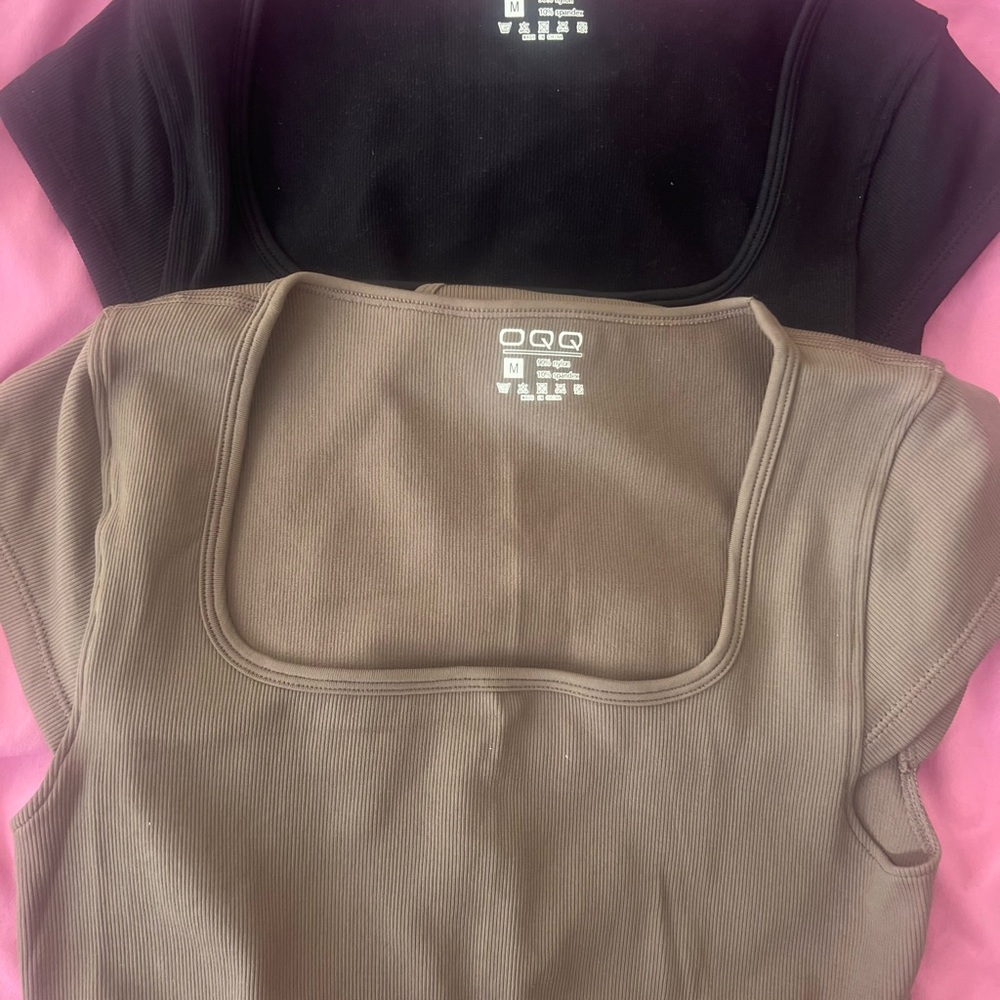 OQQ Women's Black and Brown Square Neck body suits. Never worn. Waist slimming.